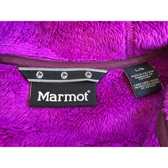 MARMOT Polartec Women Fluffy Fleece Jumper Large Full Zip Neon Purple Hooded - Picture 7 of 10
